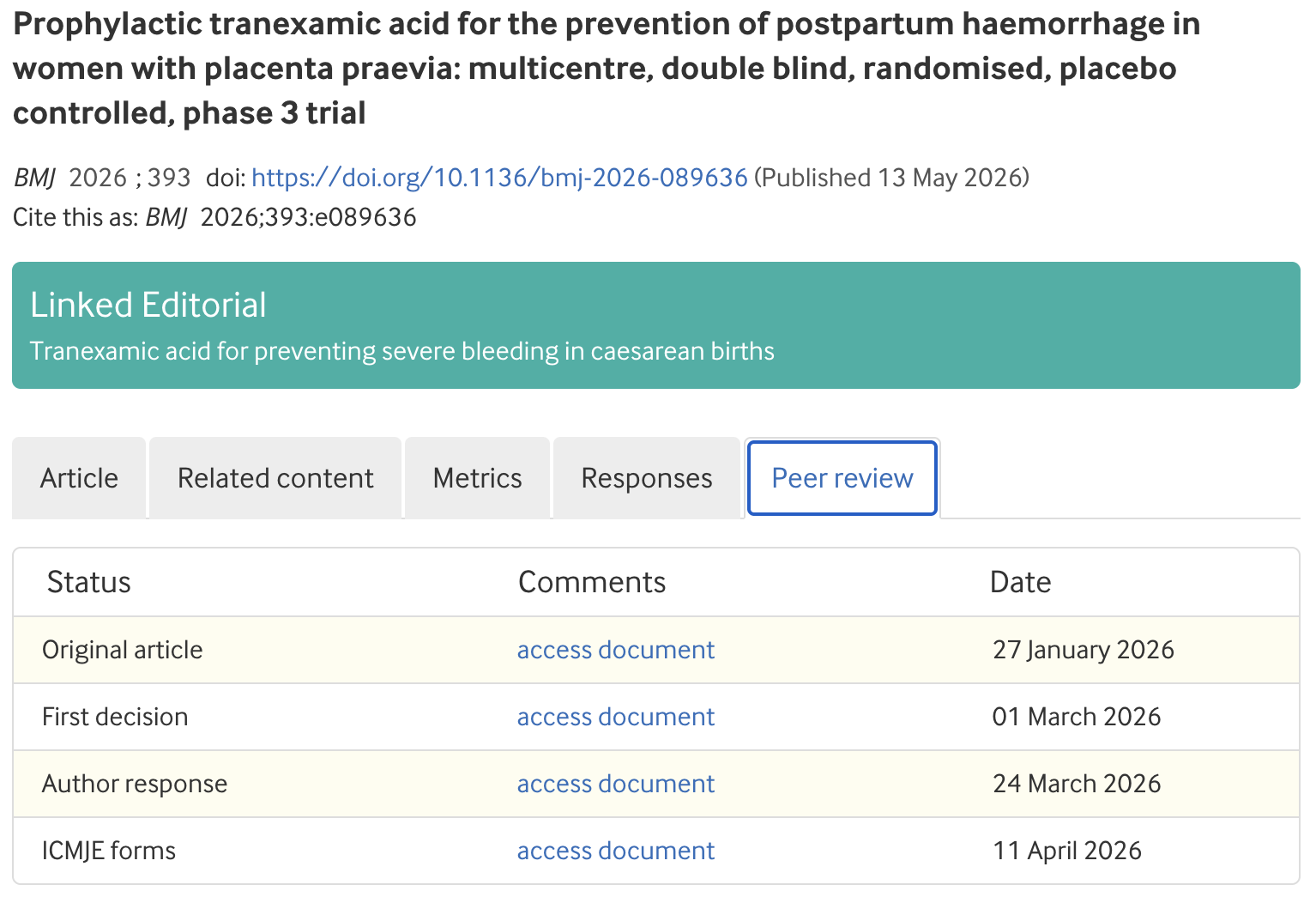 Screenshot of The BMJ web page for the trial, showing the Peer review tab with a table listing the original article (27 January 2026), first decision (1 March 2026), author response (24 March 2026), and ICMJE forms (11 April 2026), each with an access-document link.